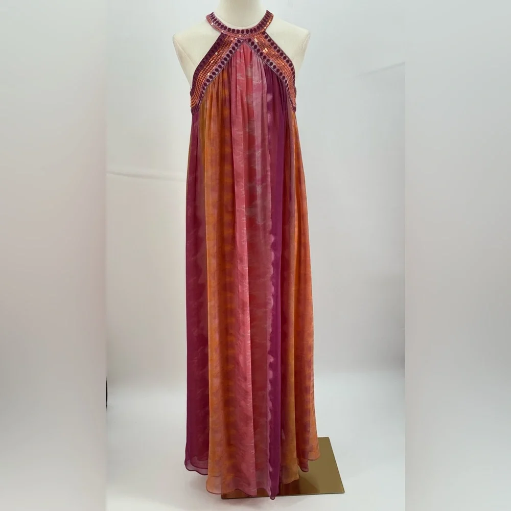 Zara Ombre Halter Maxi Pink Orange Flowing Chiffon Evening Summer Dress SZ XS - Picture 7 of 15